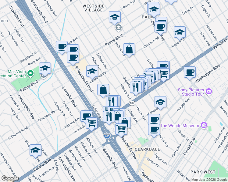 map of restaurants, bars, coffee shops, grocery stores, and more near 3701 Tilden Avenue in Los Angeles