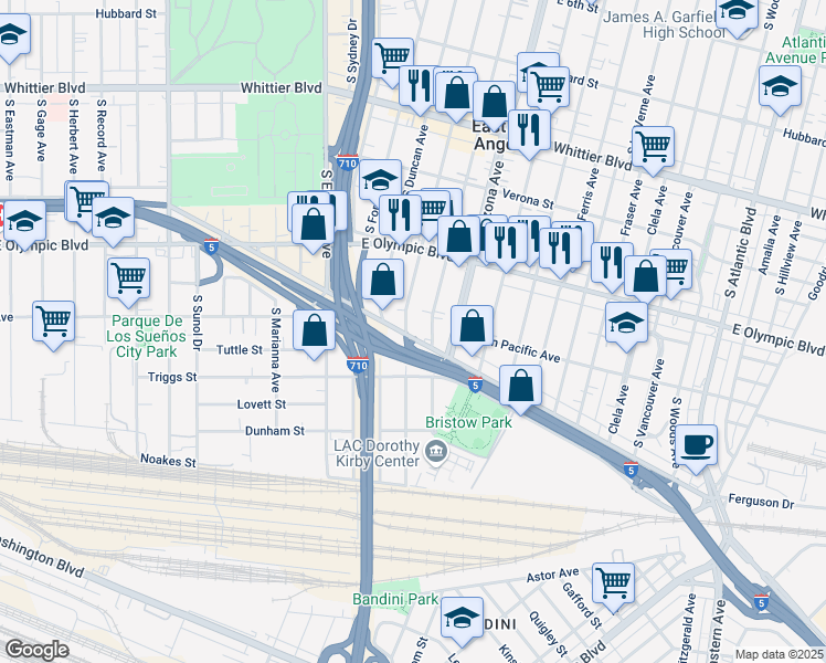 map of restaurants, bars, coffee shops, grocery stores, and more near 4661 Telegraph Road in East Los Angeles