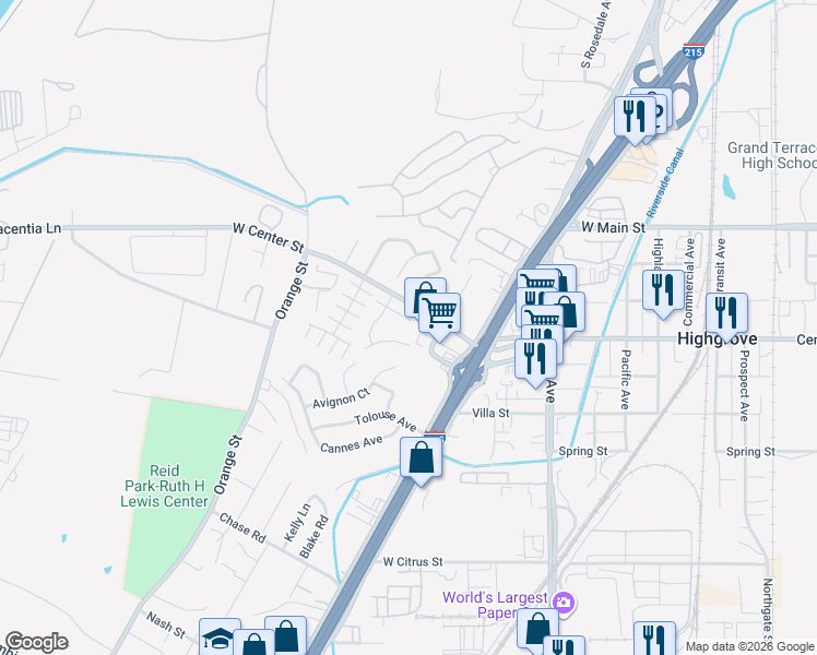 map of restaurants, bars, coffee shops, grocery stores, and more near 557 Stephens Avenue in Riverside