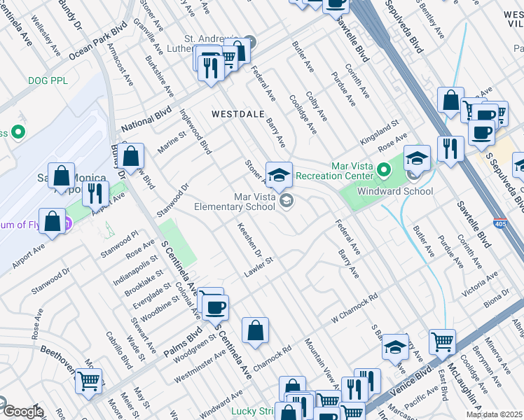 map of restaurants, bars, coffee shops, grocery stores, and more near 3297 Granville Avenue in Los Angeles