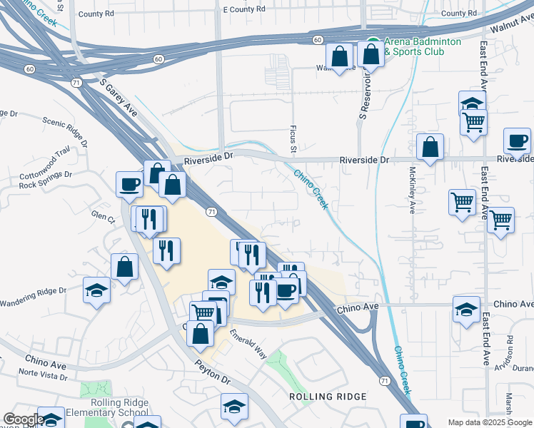 map of restaurants, bars, coffee shops, grocery stores, and more near 3111 Biscayne Street in Chino