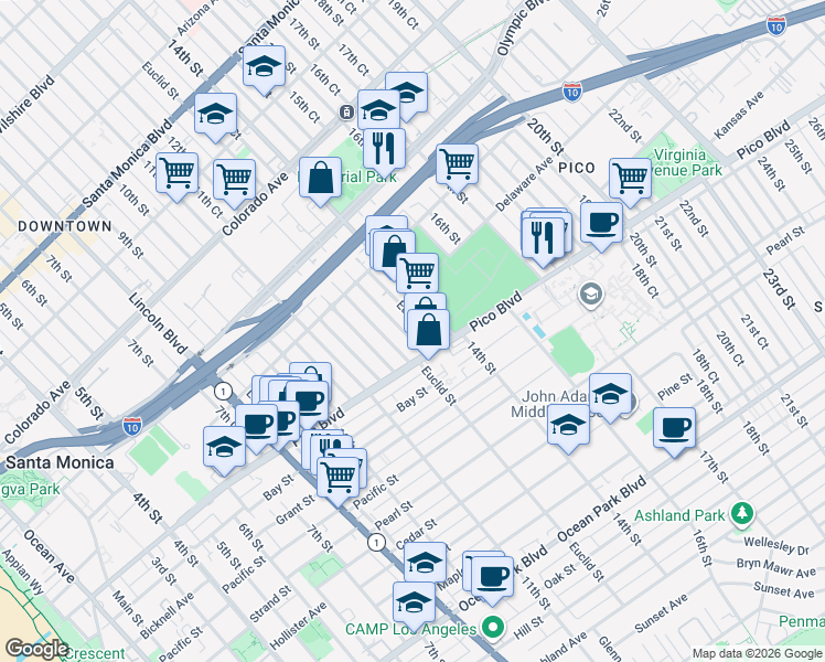map of restaurants, bars, coffee shops, grocery stores, and more near 1925 Euclid Street in Santa Monica