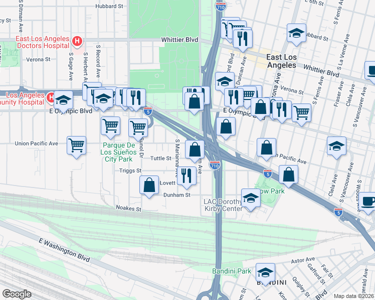 map of restaurants, bars, coffee shops, grocery stores, and more near 4490 Tuttle Street in Commerce