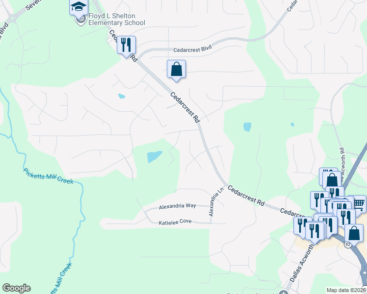 map of restaurants, bars, coffee shops, grocery stores, and more near 43 Cedar Way in Dallas