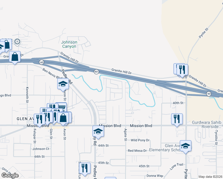map of restaurants, bars, coffee shops, grocery stores, and more near 4080 Pedley Road in Jurupa Valley