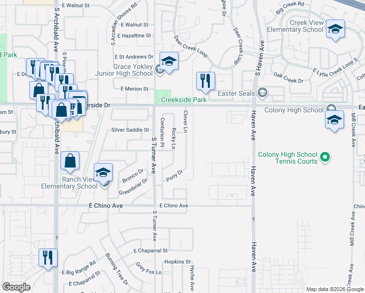 map of restaurants, bars, coffee shops, grocery stores, and more near 3210 Clover Lane in Ontario