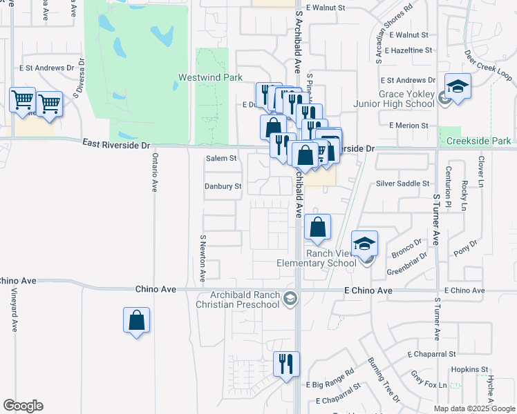 map of restaurants, bars, coffee shops, grocery stores, and more near 13150 South Archibald Avenue in Ontario