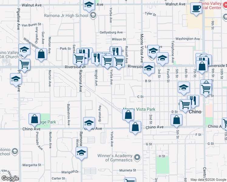 map of restaurants, bars, coffee shops, grocery stores, and more near 4719 Doheny Drive in Chino