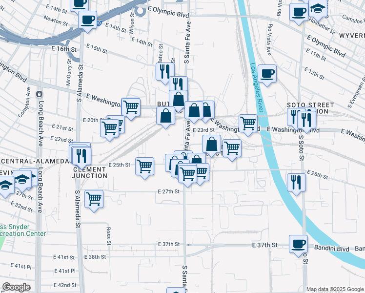 map of restaurants, bars, coffee shops, grocery stores, and more near 2418 South Santa Fe Avenue in Vernon
