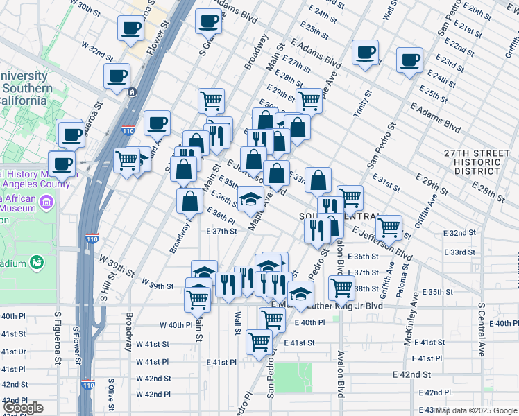map of restaurants, bars, coffee shops, grocery stores, and more near 3601 Maple Avenue in Los Angeles