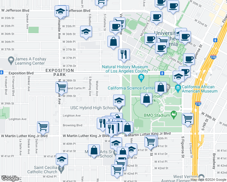 map of restaurants, bars, coffee shops, grocery stores, and more near 1038 West 39th Street in Los Angeles