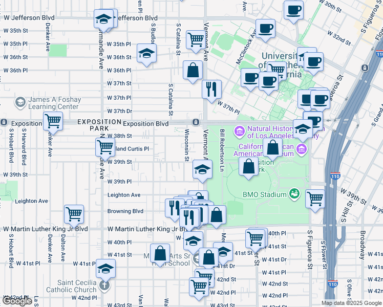 map of restaurants, bars, coffee shops, grocery stores, and more near 1038 West 39th Street in Los Angeles