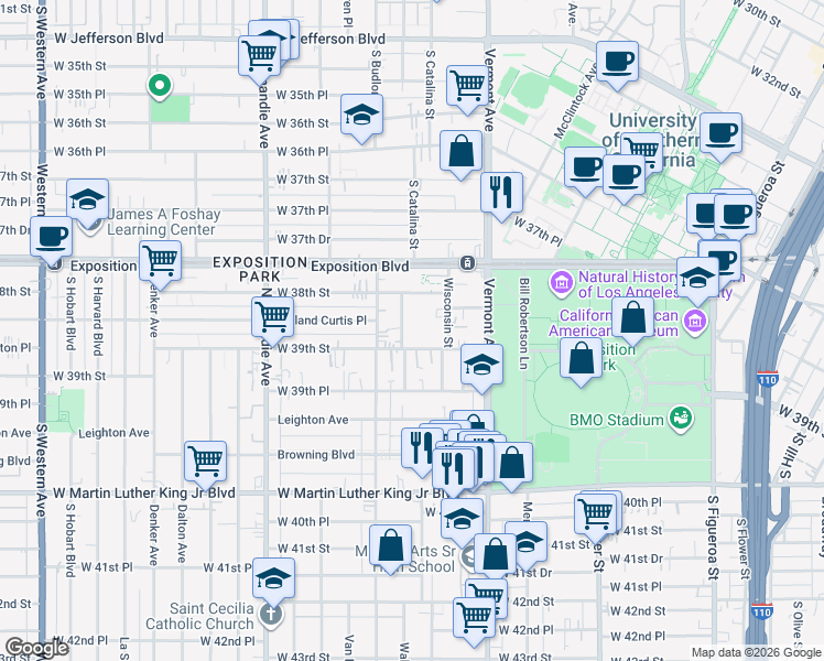 map of restaurants, bars, coffee shops, grocery stores, and more near 1103 West 39th Street in Los Angeles