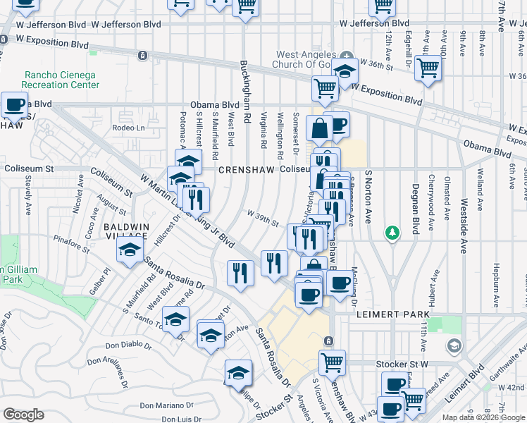map of restaurants, bars, coffee shops, grocery stores, and more near 3906 Virginia Road in Los Angeles