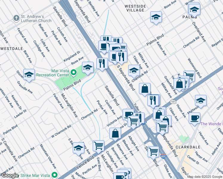 map of restaurants, bars, coffee shops, grocery stores, and more near 3549 Sawtelle Boulevard in Los Angeles