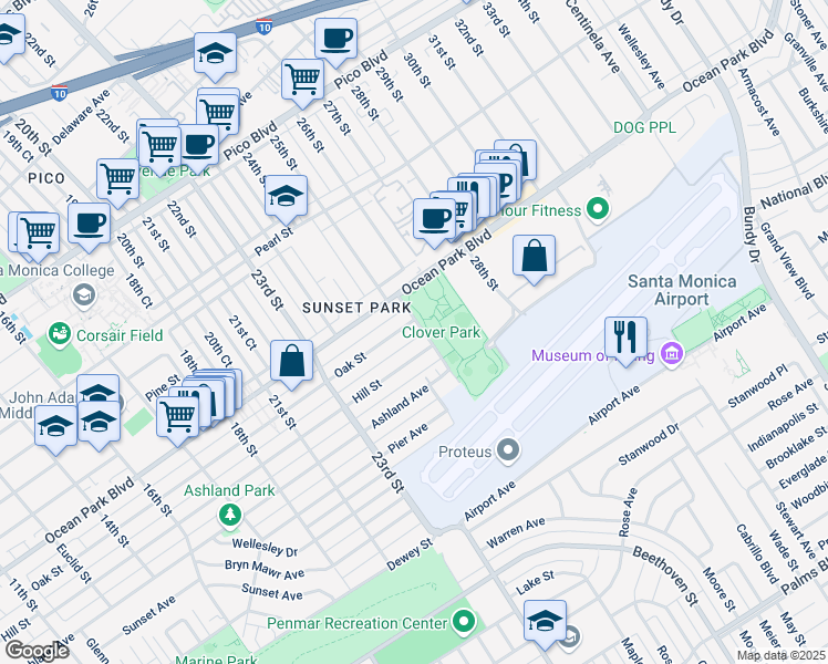 map of restaurants, bars, coffee shops, grocery stores, and more near 2447 Hill Place North in Santa Monica