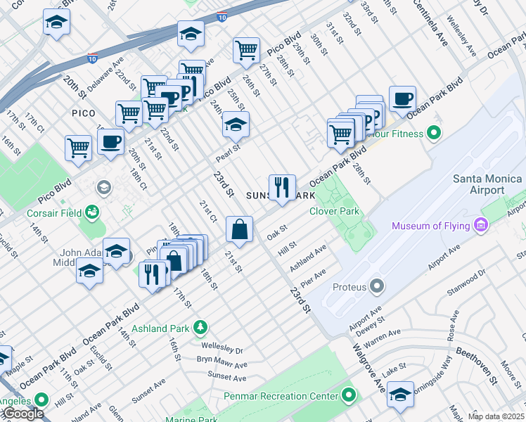 map of restaurants, bars, coffee shops, grocery stores, and more near 2318 Ocean Park Place South in Santa Monica