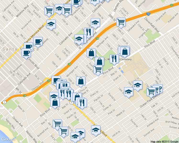 map of restaurants, bars, coffee shops, grocery stores, and more near 1923 12th Street in Santa Monica