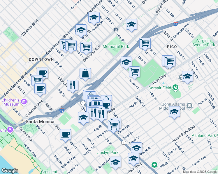 map of restaurants, bars, coffee shops, grocery stores, and more near 1814 11th Street in Santa Monica