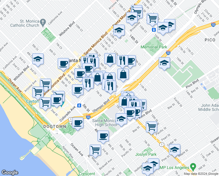 map of restaurants, bars, coffee shops, grocery stores, and more near 1661 Lincoln Boulevard in Santa Monica