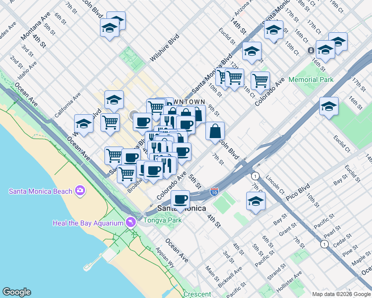 map of restaurants, bars, coffee shops, grocery stores, and more near 1540 6th Street in Santa Monica