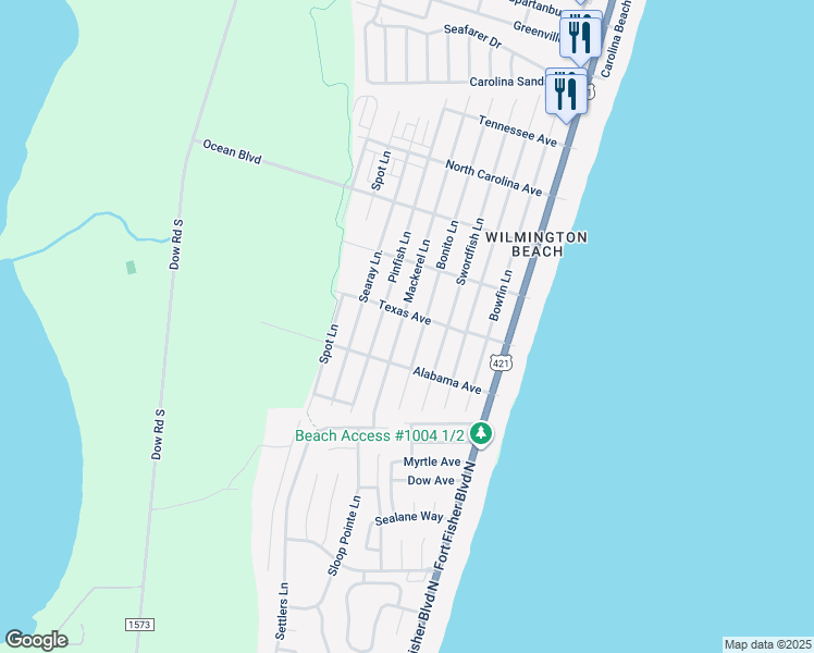 map of restaurants, bars, coffee shops, grocery stores, and more near 1615 Mackerel Lane in Carolina Beach