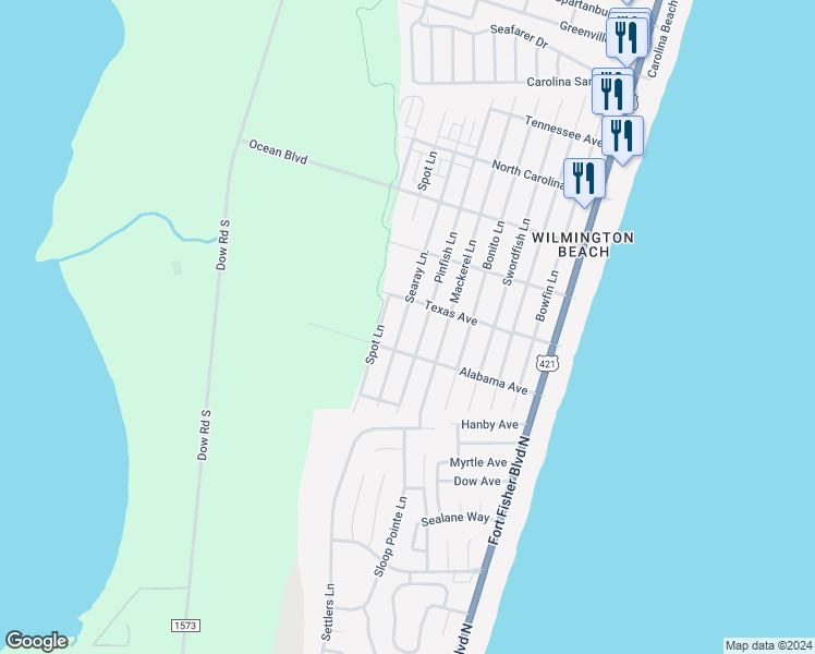 map of restaurants, bars, coffee shops, grocery stores, and more near 702 Alabama Avenue in Carolina Beach
