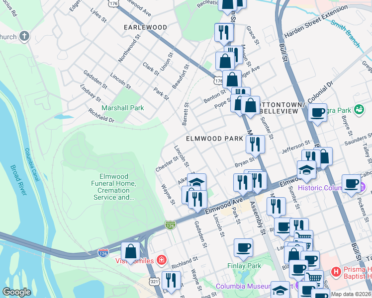 map of restaurants, bars, coffee shops, grocery stores, and more near 2329 Lincoln Street in Columbia
