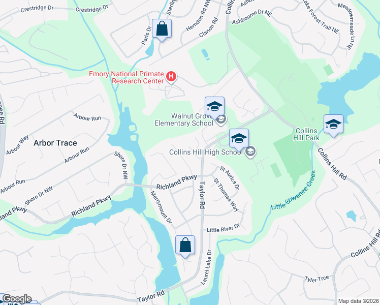 map of restaurants, bars, coffee shops, grocery stores, and more near 2290 Chimney Walk Drive in Suwanee