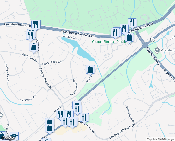 map of restaurants, bars, coffee shops, grocery stores, and more near 3589 Clearbrooke Way in Duluth