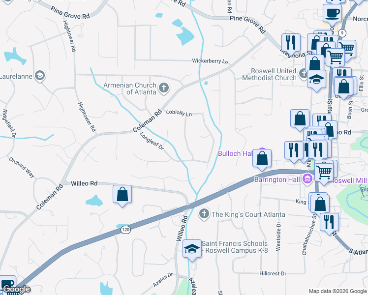 map of restaurants, bars, coffee shops, grocery stores, and more near 9650 Pine Thicket Way in Roswell