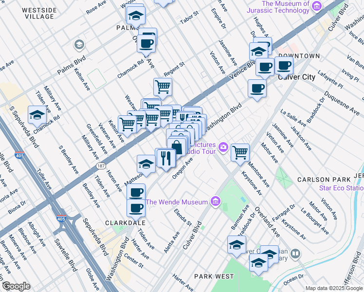 map of restaurants, bars, coffee shops, grocery stores, and more near 10770 Washington Boulevard in Culver City