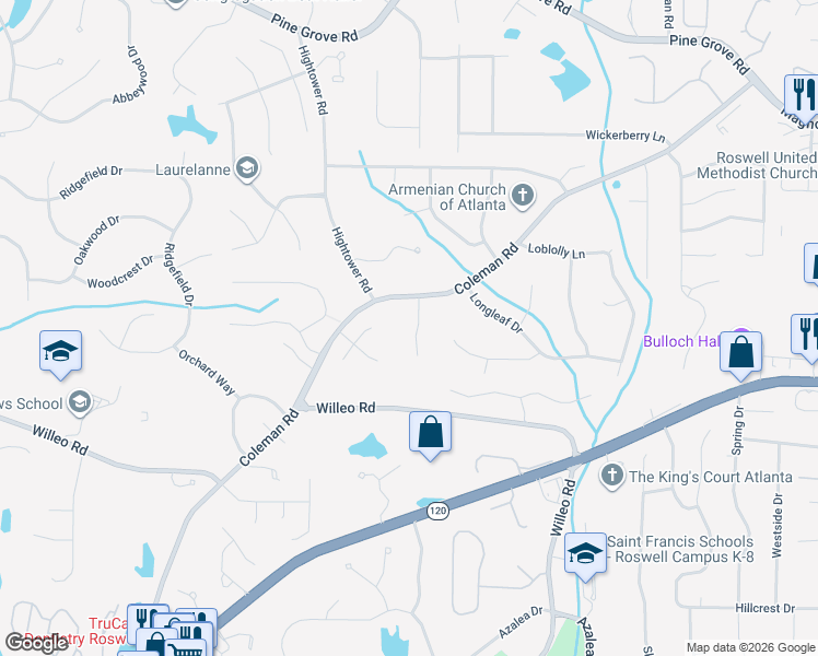 map of restaurants, bars, coffee shops, grocery stores, and more near 120 Dove Court in Roswell