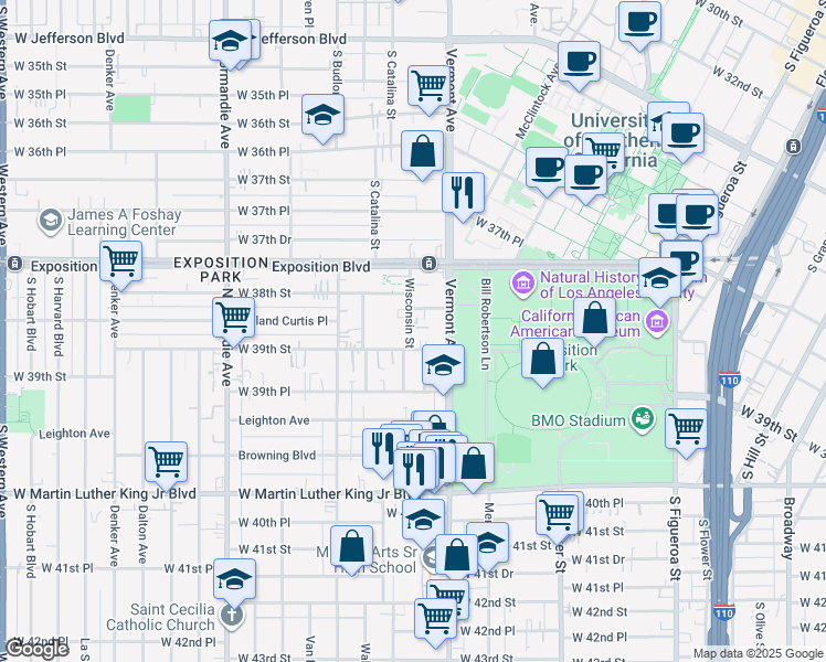 map of restaurants, bars, coffee shops, grocery stores, and more near 1038 West 39th Street in Los Angeles