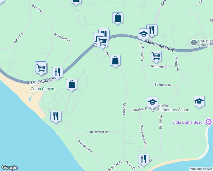 map of restaurants, bars, coffee shops, grocery stores, and more near 6636 Wandermere Road in Malibu