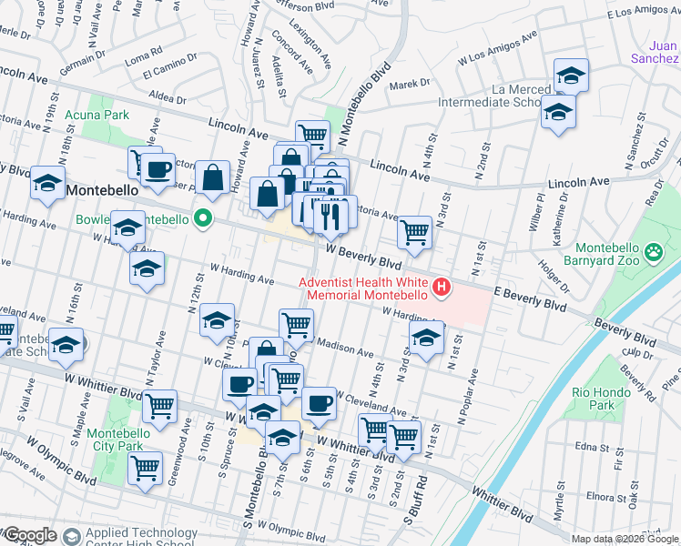 map of restaurants, bars, coffee shops, grocery stores, and more near 401 North 7th Street in Montebello