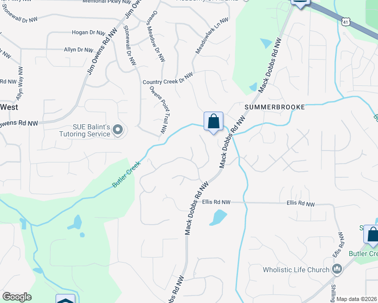 map of restaurants, bars, coffee shops, grocery stores, and more near 2503 Blaydon Point Northwest in Kennesaw