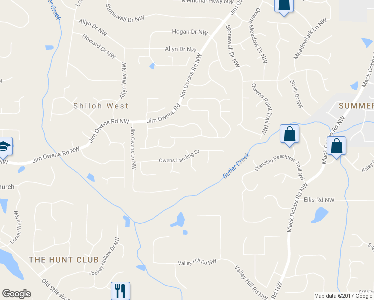 map of restaurants, bars, coffee shops, grocery stores, and more near 3456 Owens Landing Trail Northwest in Kennesaw