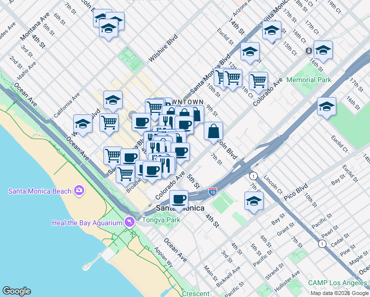map of restaurants, bars, coffee shops, grocery stores, and more near 1540 6th Street in Santa Monica