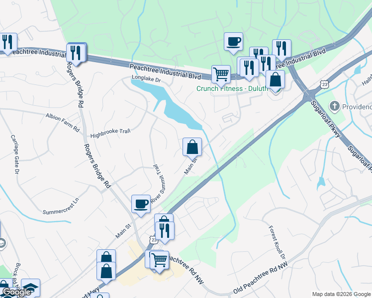 map of restaurants, bars, coffee shops, grocery stores, and more near 3589 Clearbrooke Way in Duluth