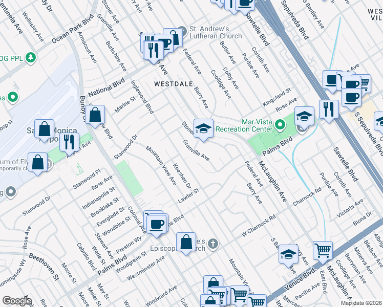 map of restaurants, bars, coffee shops, grocery stores, and more near 3297 Granville Avenue in Los Angeles
