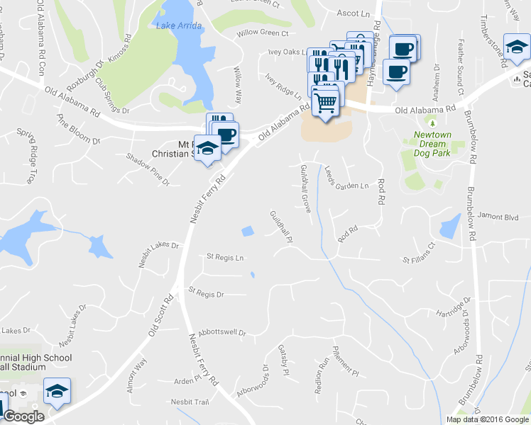 map of restaurants, bars, coffee shops, grocery stores, and more near 560 Guildhall Place in Alpharetta