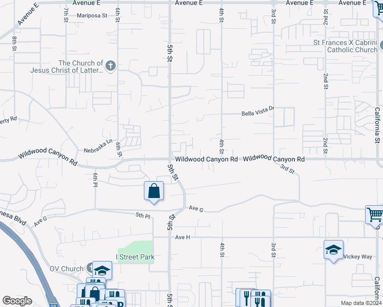 map of restaurants, bars, coffee shops, grocery stores, and more near 34384 Wildwood Canyon Road in Yucaipa