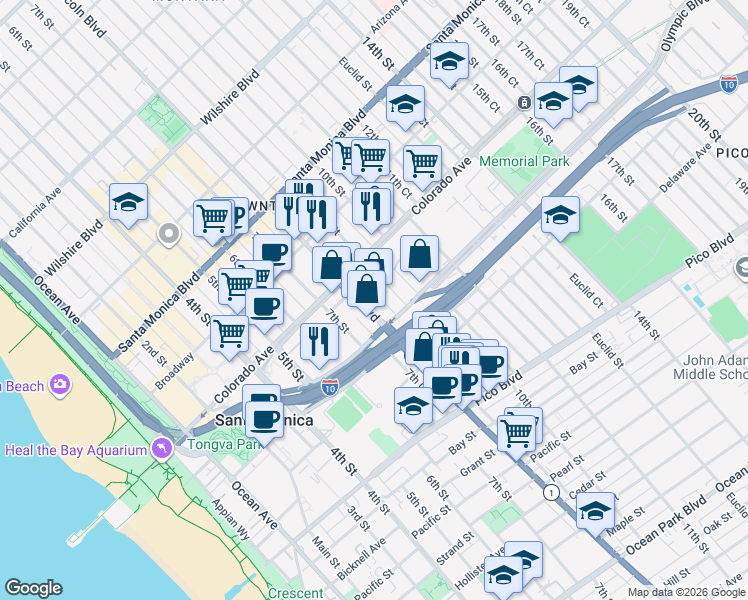 map of restaurants, bars, coffee shops, grocery stores, and more near 1661 Lincoln Boulevard in Santa Monica
