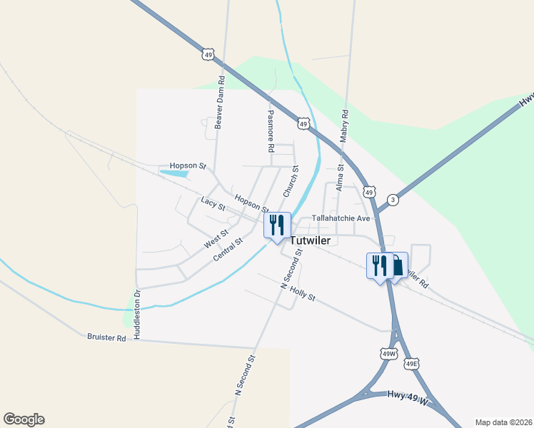 map of restaurants, bars, coffee shops, grocery stores, and more near 203 Hopson Street in Tutwiler