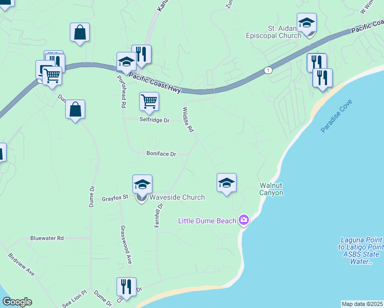 map of restaurants, bars, coffee shops, grocery stores, and more near 6785 Fernhill Drive in Malibu