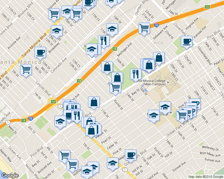 map of restaurants, bars, coffee shops, grocery stores, and more near 1925 Euclid Street in Santa Monica
