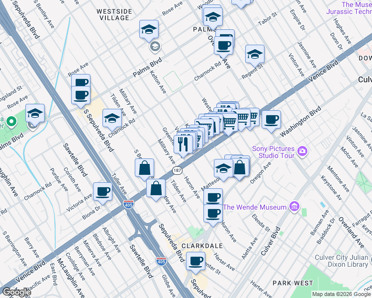 map of restaurants, bars, coffee shops, grocery stores, and more near 3753 Veteran Avenue in Los Angeles
