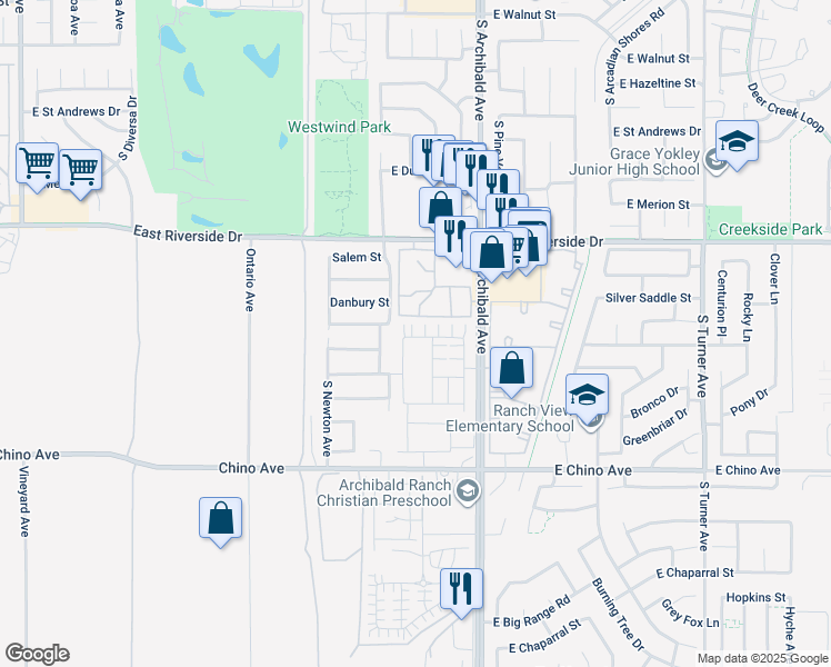 map of restaurants, bars, coffee shops, grocery stores, and more near 3192 Homestead Paseo in Ontario