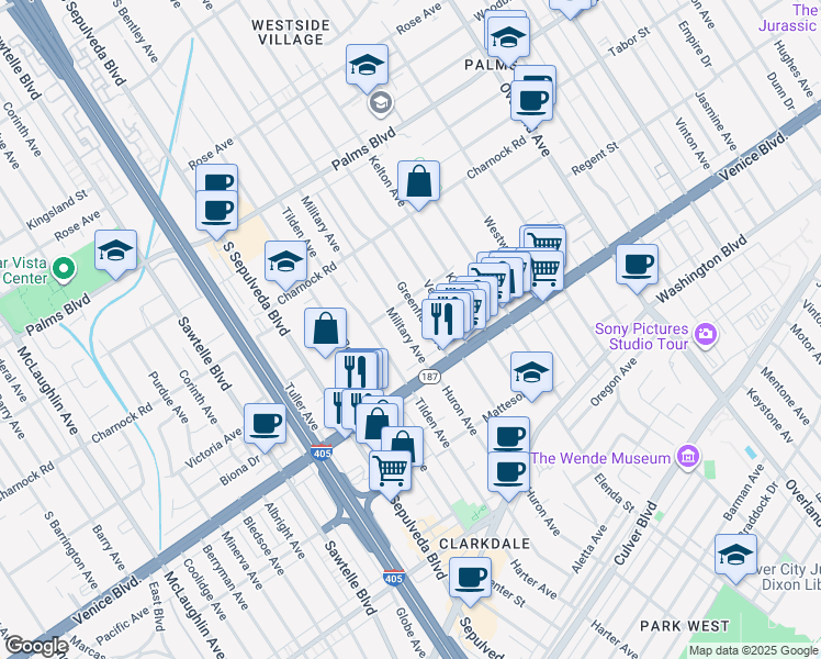 map of restaurants, bars, coffee shops, grocery stores, and more near 3728 Military Avenue in Los Angeles
